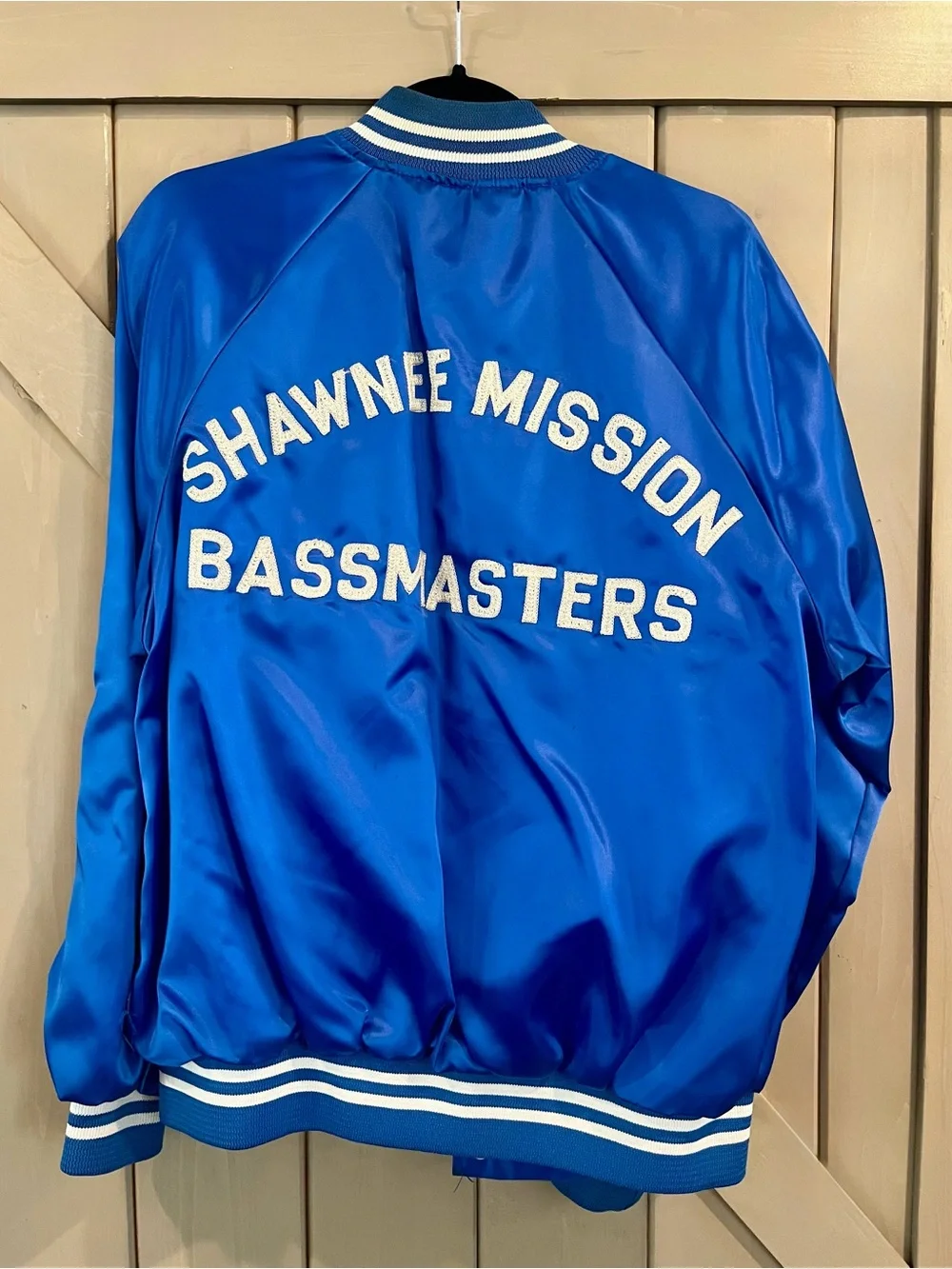 Vintage Shawnee Mission Bassmasters Blue Satin Bomber Jacket with Embroidery